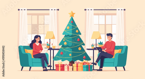 Couple indoors with laptop and Christmas tree