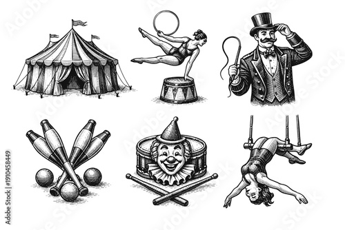 Vintage circus engraving set, retro carnival performance sketches in woodcut style