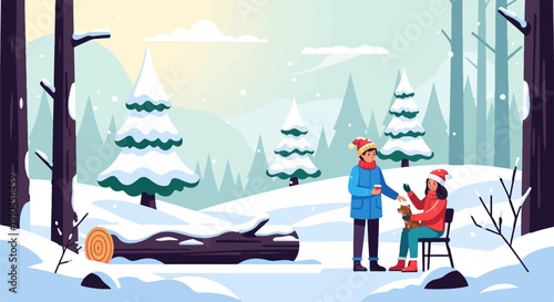 Couple in winter clothes enjoying a snowy forest scene with a dog