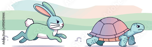 Cute cartoon rabbit and turtle running a race in a pastel landscape