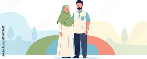 Couple in traditional attire in a stylized hilly landscape