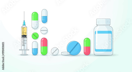 Collection of pharmaceutical items including a syringe, pills, and bottle