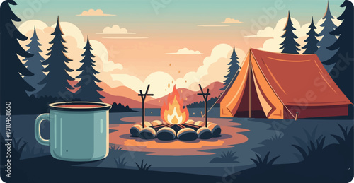 Cozy campsite with a warm campfire, a tent, and a hot drink