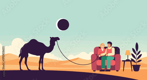 Couple in armchair on sofa in desert, camel tethered, eclipse in sky