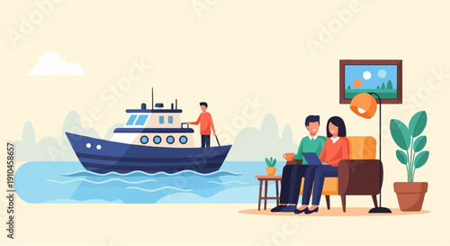 Couple relaxes indoors with a boat passing by outside
