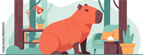 Cozy capybara in a minimalist living room with bookshelf and armchair