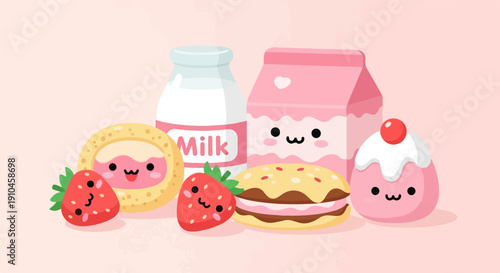 Cute cartoon strawberry treats and milk bottles with happy faces