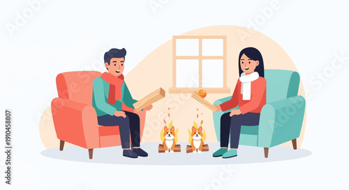 Couple relaxing by fireplace with corgi dogs and playing with toys