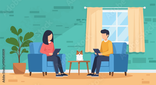 Couple relaxing in armchairs with a pet dog between them