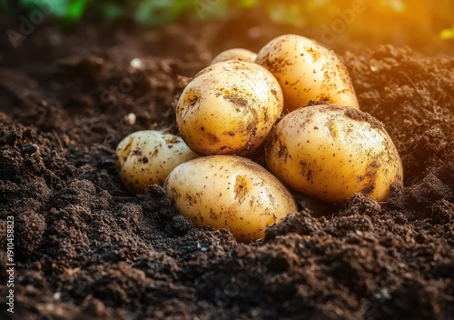 Freshly harvested golden potatoes nestled in dark soil with warm sunlight, evoking rustic earthy wholesomeness