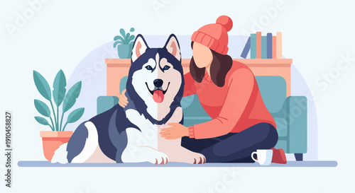 Cozy domestic scene with a person and their husky dog