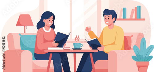 Couple relaxing indoors, reading books and drinking hot beverages