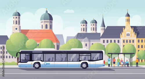 Cityscape with bus at stop, people wait for transport, iconic architecture