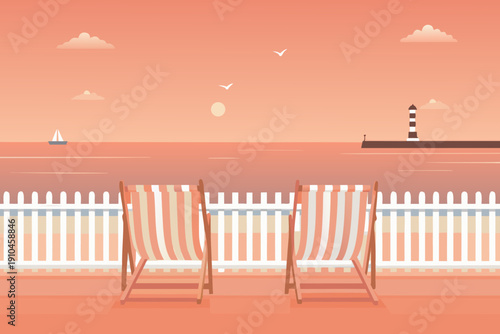 Beach deck chairs and a lighthouse at sunset calm seaside view