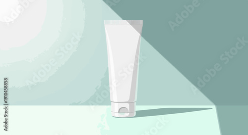 Clean white cosmetic tube on a mint green and grey abstract background