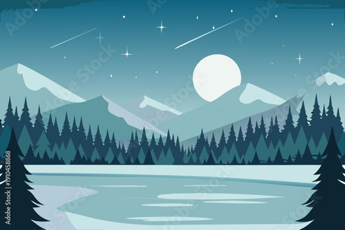Winter landscape with a bright moon snowy mountains and dark pine trees