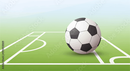 Classic black and white soccer ball on a green grassy field with white lines