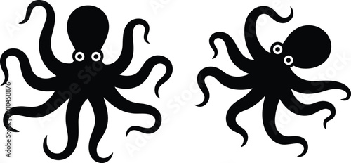 Two black silhouette octopuses with large eyes and curly tentacles facing each other on a white background