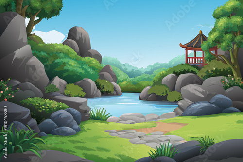 A serene landscape featuring a traditional chinese pavilion and lush greenery