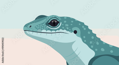 Close up of a cartoon-style blue-green reptile with spotted skin, a black eye