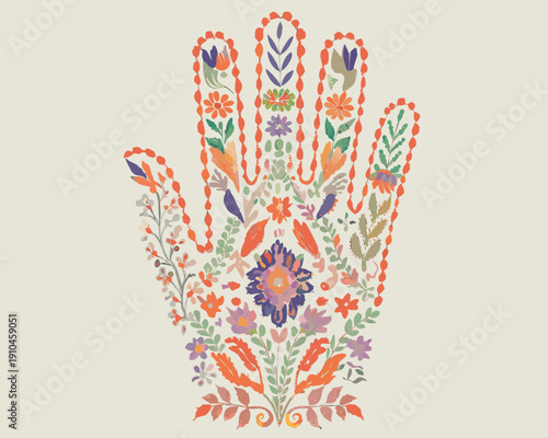 Floral hamsa hand design with vibrant colors and intricate details