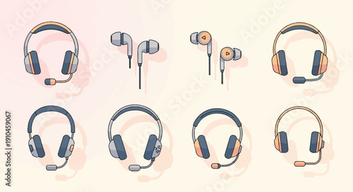 Cartoon headphones and earbuds variety, light pink background