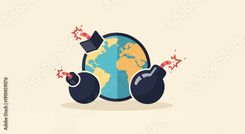 Cartoon globe with three cartoon bombs around it, ready to explode