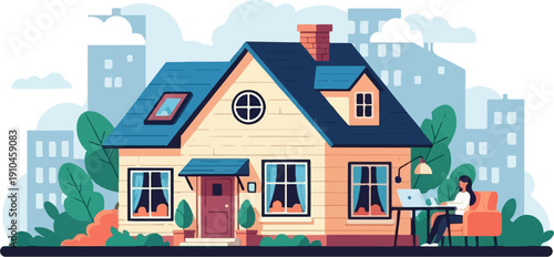 Cartoon house with person working on laptop on the right side