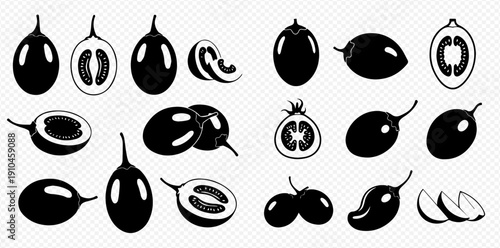 Set of black and white fruit silhouettes, including whole and sliced tamarillo, mango, and other exotic fruits.