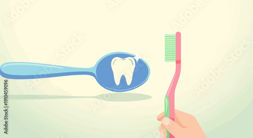 Close up of a bright white tooth on a blue spoon next to a pink toothbrush