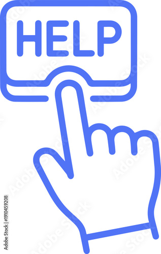 A blue outline icon of a hand cursor clicking on a button labeled "HELP" to request assistance.