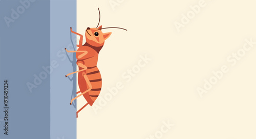 Cartoon orange insect crawling on a blue wall with a pale background
