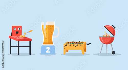 Cartoon objects grater, beer, foosball, grill
