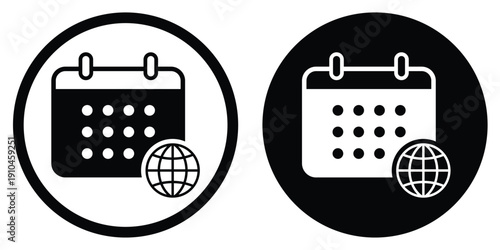 Global calendar vector icon with a globe symbol. Minimalist black and white design in circular frames. Perfect for international scheduling, world events, and global business planning.