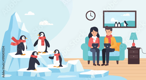 Cartoon penguins on icebergs with people working indoors on laptops
