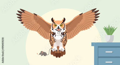 Cartoon owl with outstretched wings holds mouse in beak, another mouse on floor
