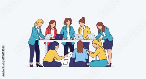 Eight diverse businesswomen collaborate around a large table with laptops in a modern office setting with a light background
