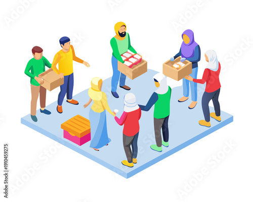 Isometric vector illustration of volunteers distributing food boxes to people during Ramadan, community service, clean flat design, social impact theme.