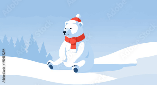Cartoon polar bear in red hat and scarf sitting on snowy hill with trees