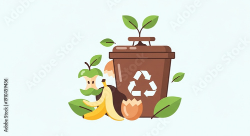 Sustainable waste management with recycling bin surrounded by organic fruit waste and greenery promoting eco friendly practices and composting