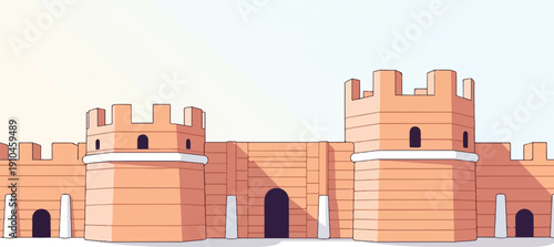 Cartoonish, stylized fortress with crenellated walls and towers under a light sky