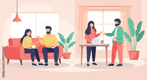 Casual indoor meeting with two pairs of people chatting and working