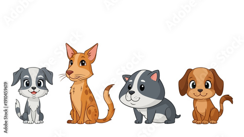 A charming collection of four adorable cartoon puppies, each with unique features and expressions, showcasing the joy and diversity of domestic pet dogs in a playful illustration