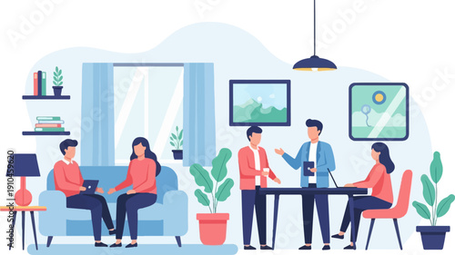 Casual meeting in a modern living room with people collaborating and conversing