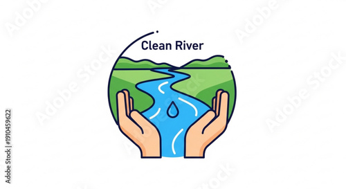 Hands holding a serene river landscape with clean water and green hills symbolizing environmental conservation and protection of natural resources