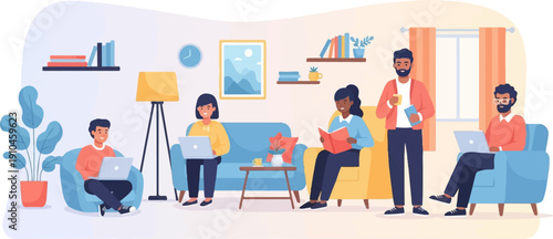Casual indoor scene with people working, reading, and relaxing