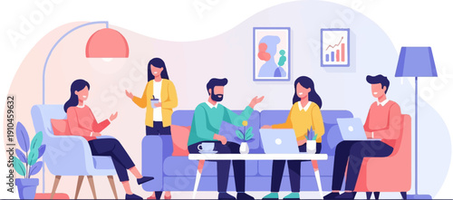 Casual meeting in a modern office with people working and socializing