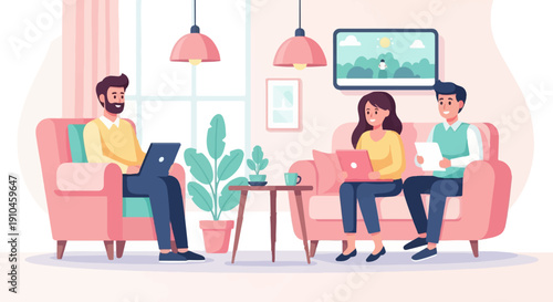 Casual meeting of three people working on laptops and documents at home