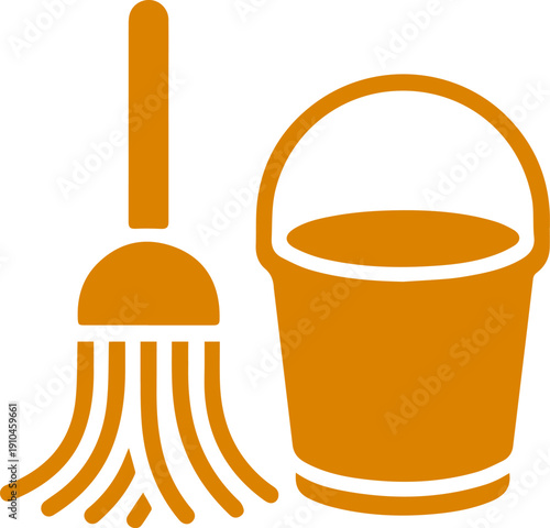 A bright orange icon depicting a mop and bucket, symbolizing cleaning and household chores for domestic tasks.
