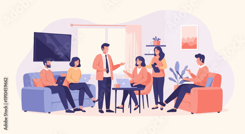 Casual team meeting in a modern living room setting